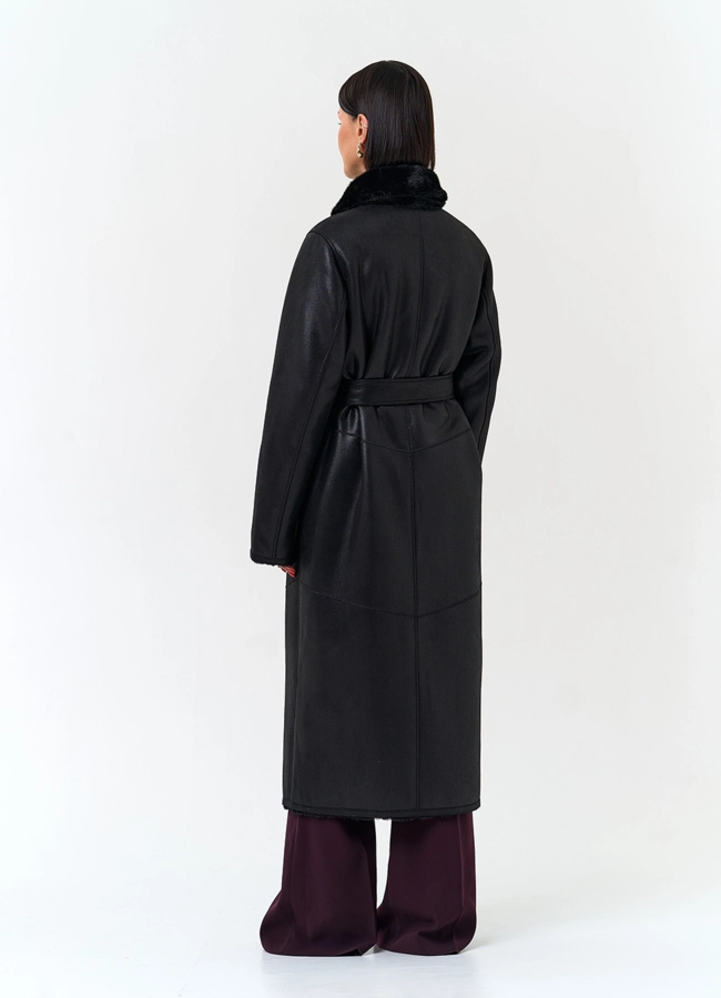 фото Женская удлиненная дубленка из эко замши модель № 33919