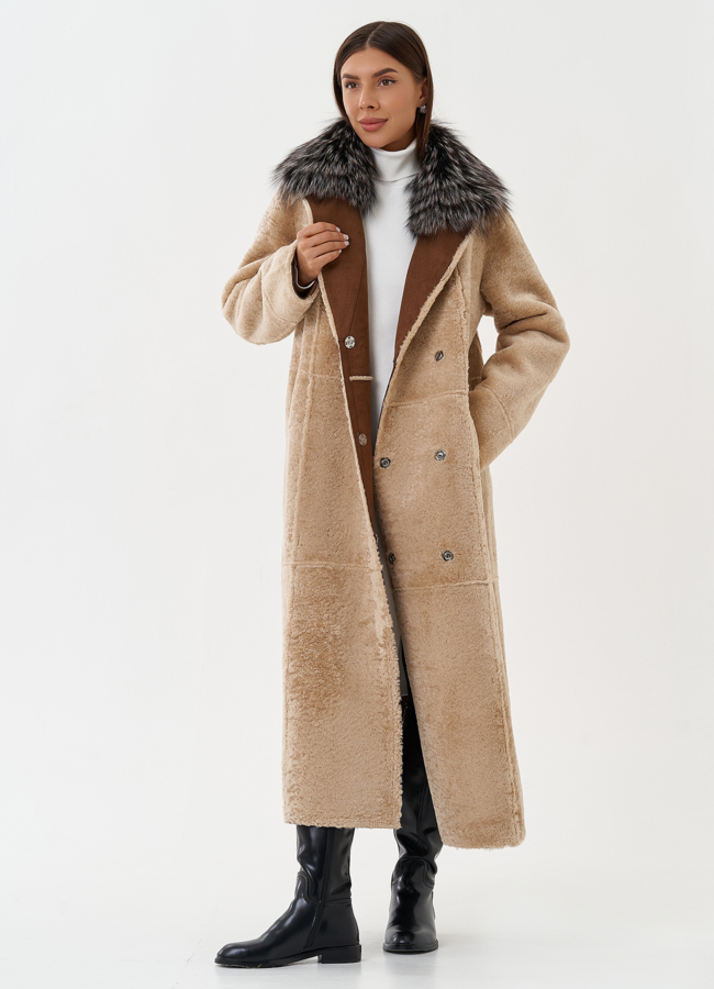 Двухсторонняя дубленка из эко кожи с мехом енота модель № 28562 универмаг малина