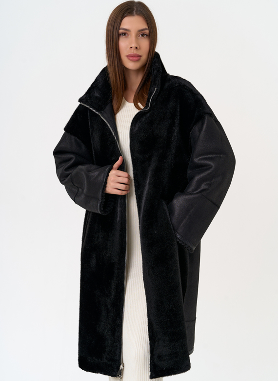 Женская двухсторонняя дубленка из эко замши с воротником стойкой