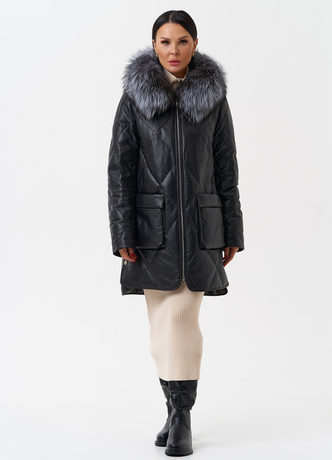 фото Женский кожаный пуховик с капюшоном модель № 28908