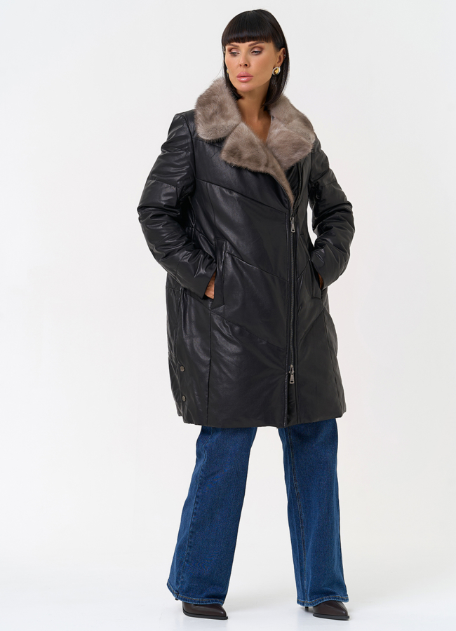 Пуховик из натуральной кожи с воротником из меха норки модель № 31566 универмаг малина