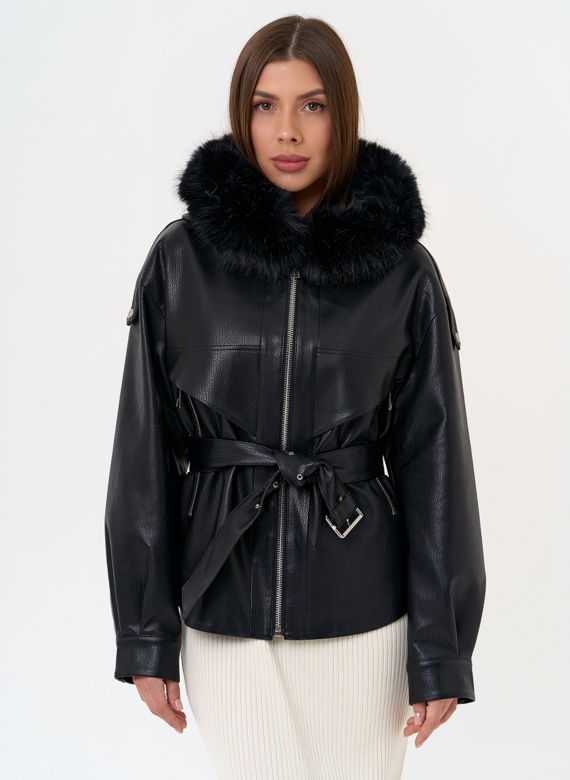Женская утепленная куртка из эко кожи с поясом