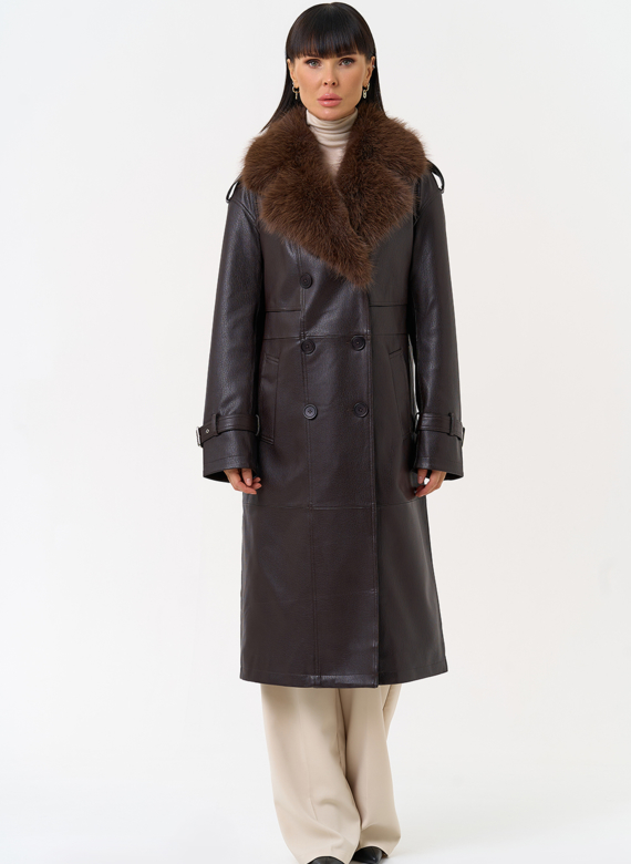 Женское утепленное пальто из экокожи с воротником из эко меха