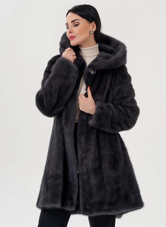 Норковая шуба балетка, в цвете графит с капюшоном