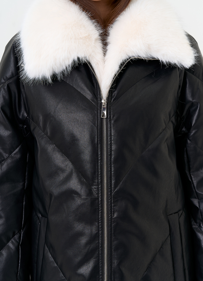 Женский пуховик из эко кожи с отделкой из эко меха модель № 30713 универмаг малина