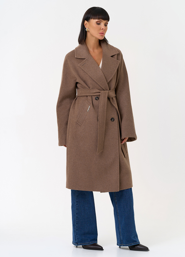 Женское двубортное пальто с поясом  модель № 31418 универмаг малина