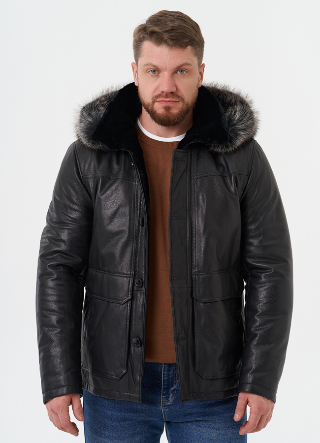 Пуховик из натуральной кожи с мехом енота модель № 25995 универмаг малина