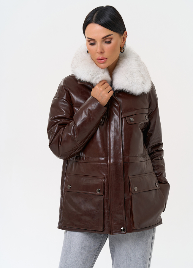 Коричневый кожаный пуховик модель № 31570 универмаг малина