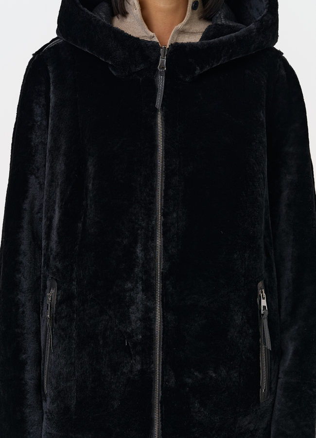 Женская двухсторонняя дубленка с капюшоном модель № 31482 универмаг малина