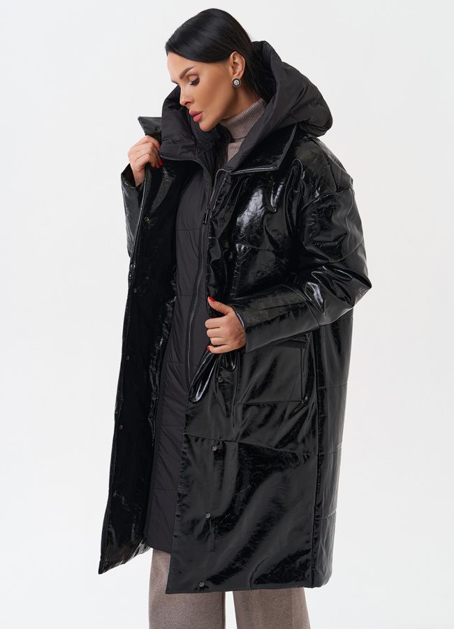 Женский пуховик из эко кожи с капюшоном модель № 28686 универмаг малина