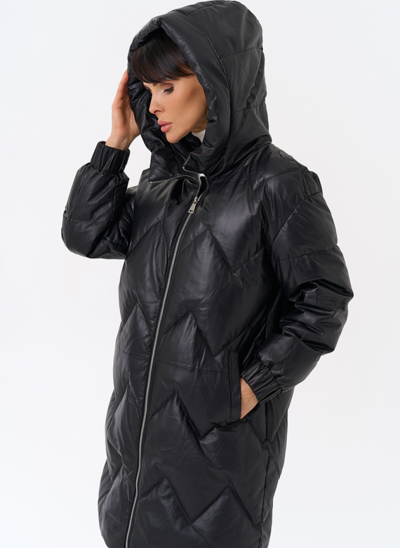 Длинный пуховик из кожи