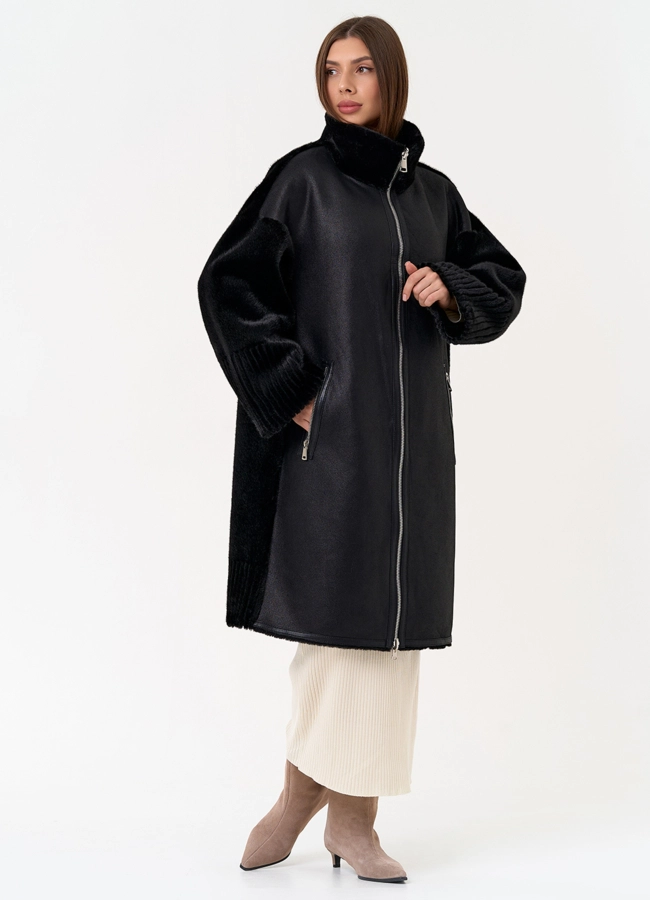 фото Женская двухсторонняя дубленка из эко замши с воротником стойкой модель № 31412