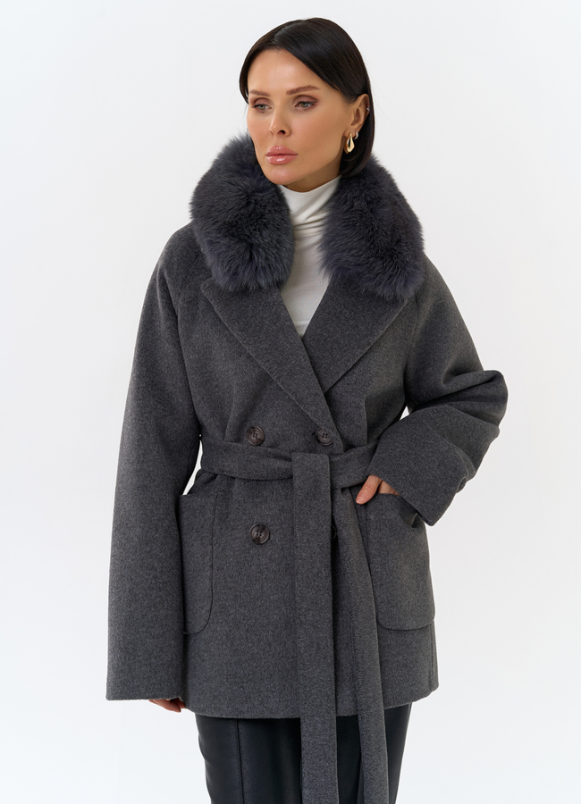 Женское утепленное пальто с отделкой из меха песца модель № 32003 универмаг малина