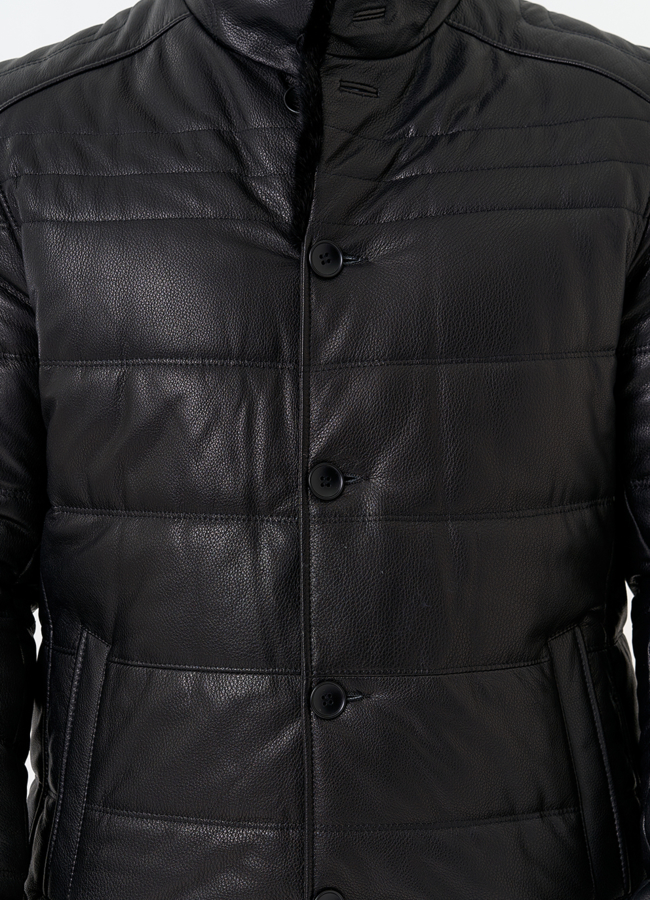 Пуховик из натуральной кожи с воротником стойкой модель № 26053 универмаг малина