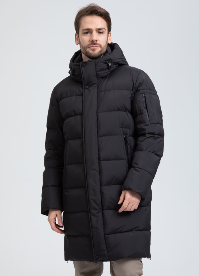 Мужской удлиненный пуховик с капюшоном модель № 32032 меха малина