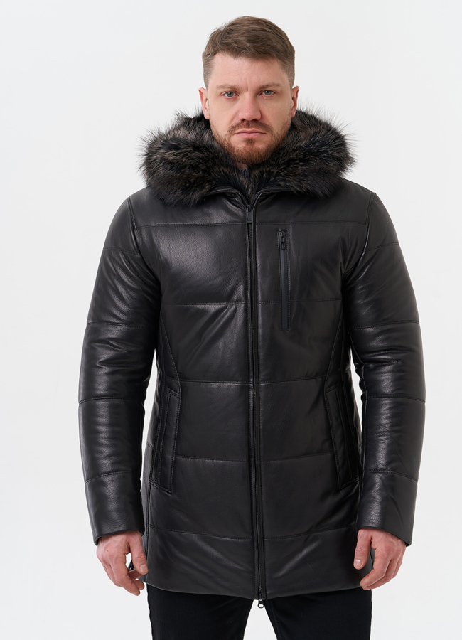 фото Пуховик из натуральной кожи с отделкой из меха енота модель № 25458