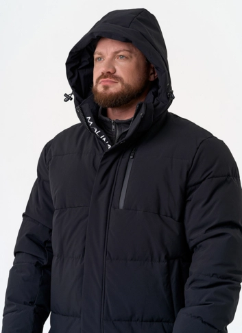 Удлиненный мужской пуховик с капюшоном фото