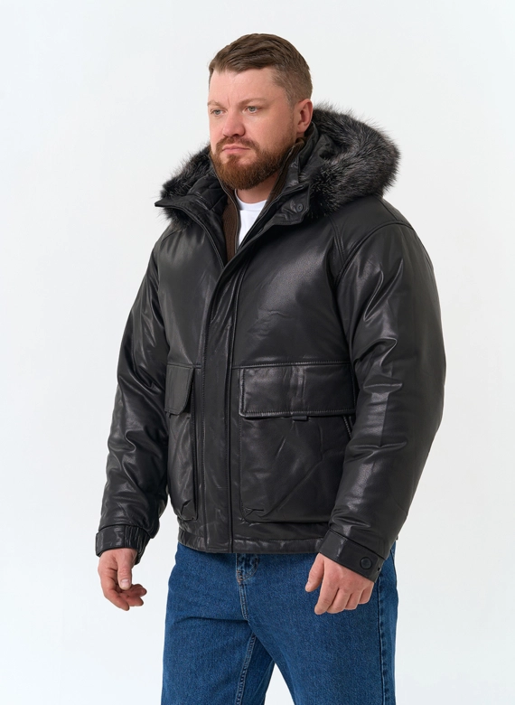 Мужской пуховик из натуральной кожи с мехом енота на капюшоне фото