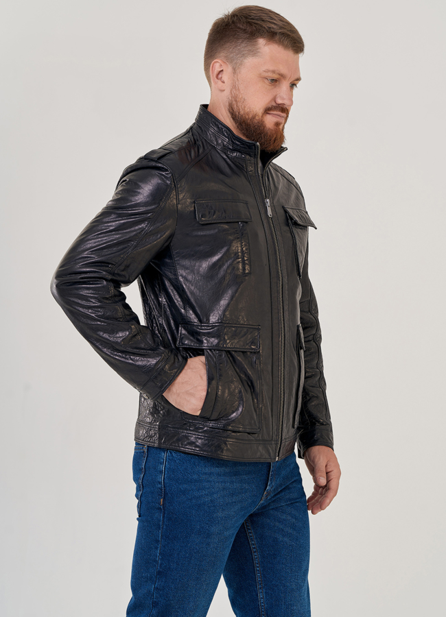 Кожаная куртка с накладными карманами модель № 8055 в кредит