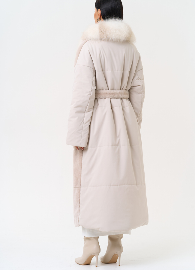 Комбинированное женское пальто из меха овчины с поясом модель № 31401 универмаг малина