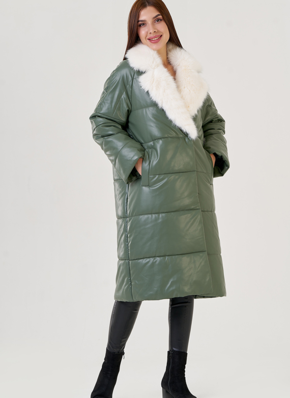Женский классический пуховик Malina Siberian из эко кожи в зеленом цвете